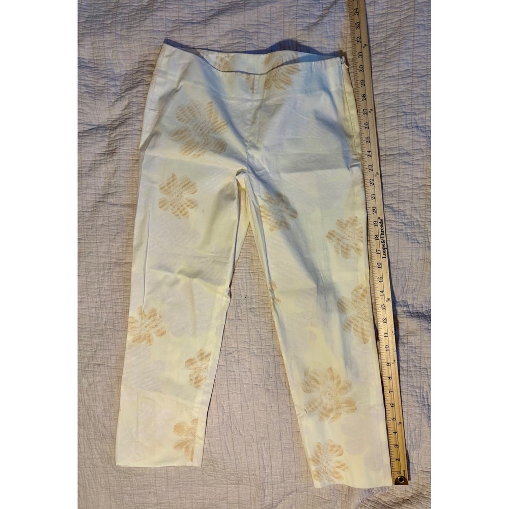 DKNY Womens Floral Print Cropped Pants Cream Tan Side Zip Stretch Trousers